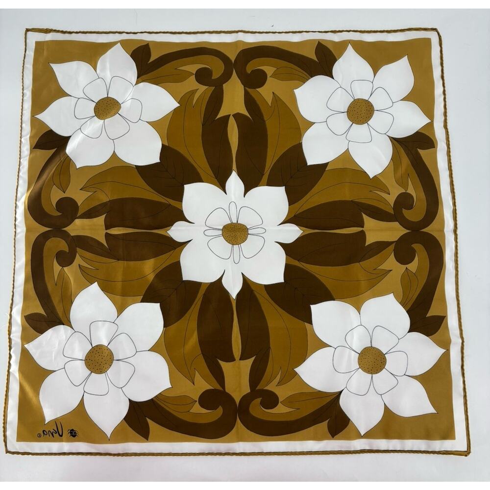 Vintage Uena Scarf Womens Brown White Floral Blossoms Square Silk Retro Sheer - Picture 9 of 9